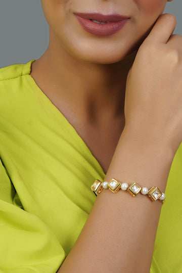 White Gold Tone Kundan Inspired Pearl Bracelet
